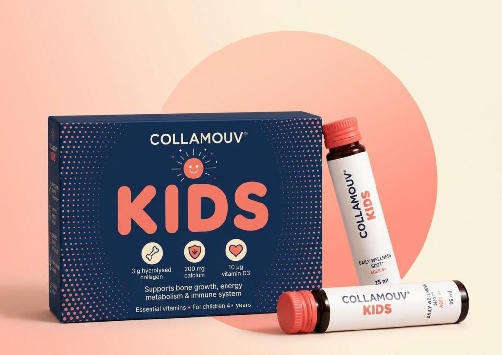 CollaMouv Kids – Packung und Trinkfläschchen vor korallfarbenem Hintergrund