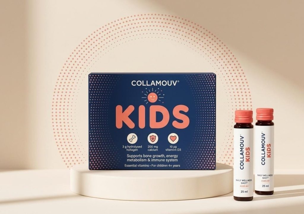 CollaMouv Kids – Packung und Trinkfläschchen auf einem Podium